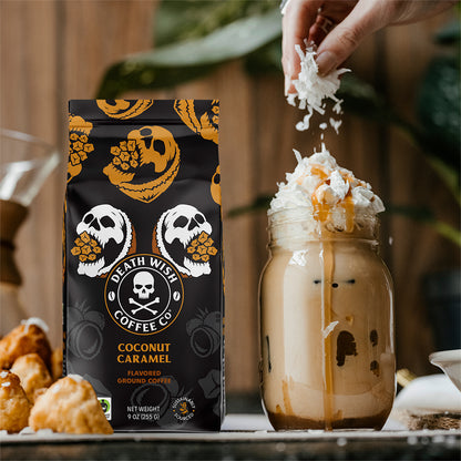 Putting a fresh coconut garnish onto Coconut Caramel flavored Death Wish Coffee.