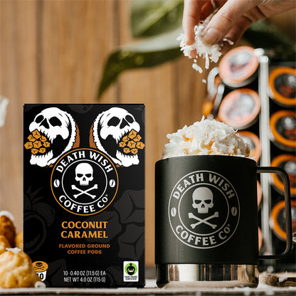 Putting a fresh coconut garnish onto Coconut Caramel flavored Death Wish Coffee.