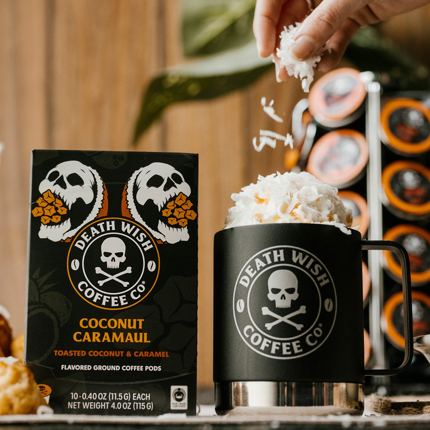 Making Death Wish Coffee Coconut Caramaul Flavored Coffee using single-serve pods and fresh coconut topping.