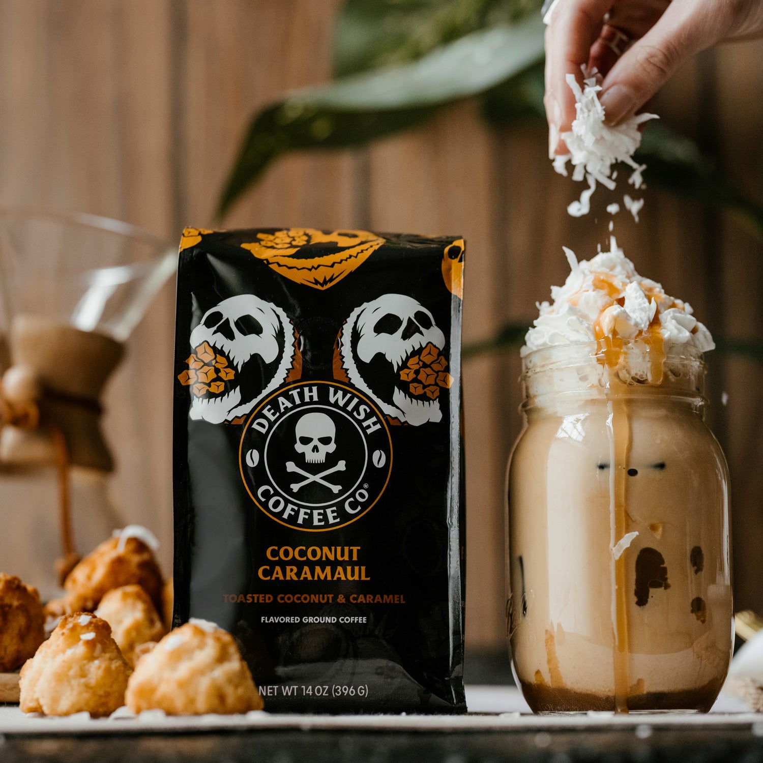 Topping Death Wish Coffee Coconut Caramaul Flavored Coffee with fresh coconut.