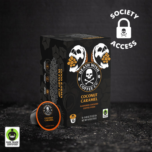 Unlock early access to Coconut Caramel Flavored Death Wish Coffee Single-Serve Pods.