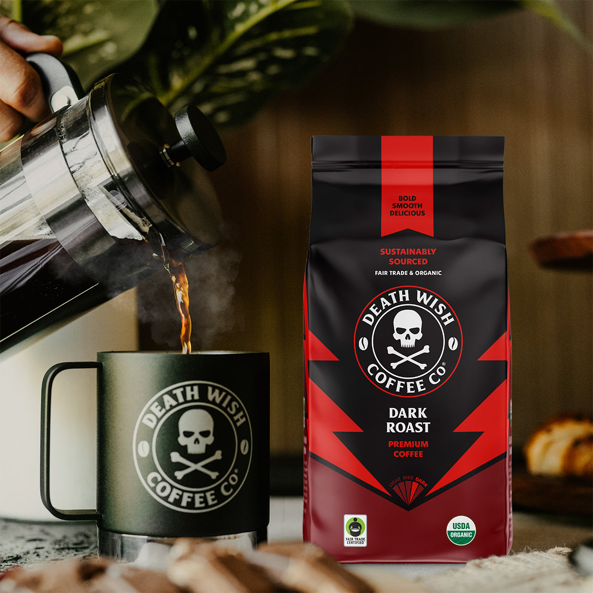Pouring a cup of Dark Roast Death Wish Coffee.