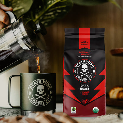 Pouring a cup of Dark Roast Death Wish Coffee.