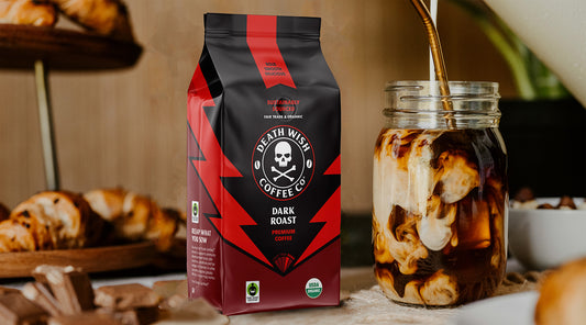 A cup full of Dark Roast Death Wish Coffee.