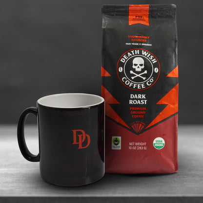 The Rise Again Collector's Box Contents - 10oz Dark Roast Coffee & Heat Reactive Mug in cold state.