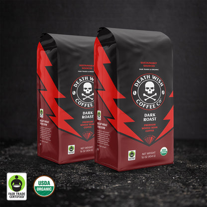 Death Wish Coffee Dark Roast Whole Bean Coffee - 2 Bags.