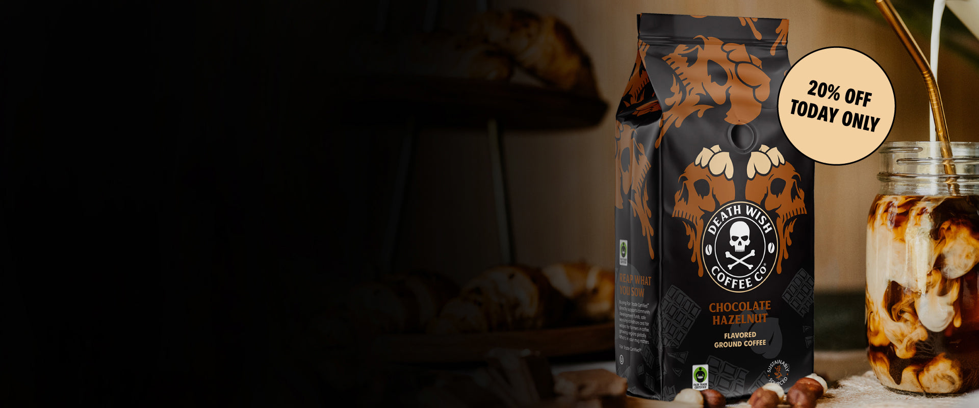 Save 20% off Chocolate Hazelnut Death Wish Coffee for a limited time only.