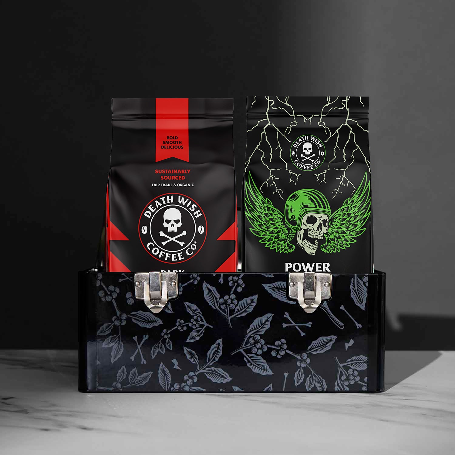 The Death Wish Coffee Liquid Lunch Collector's Bundle with coffee bags inside the tin box.