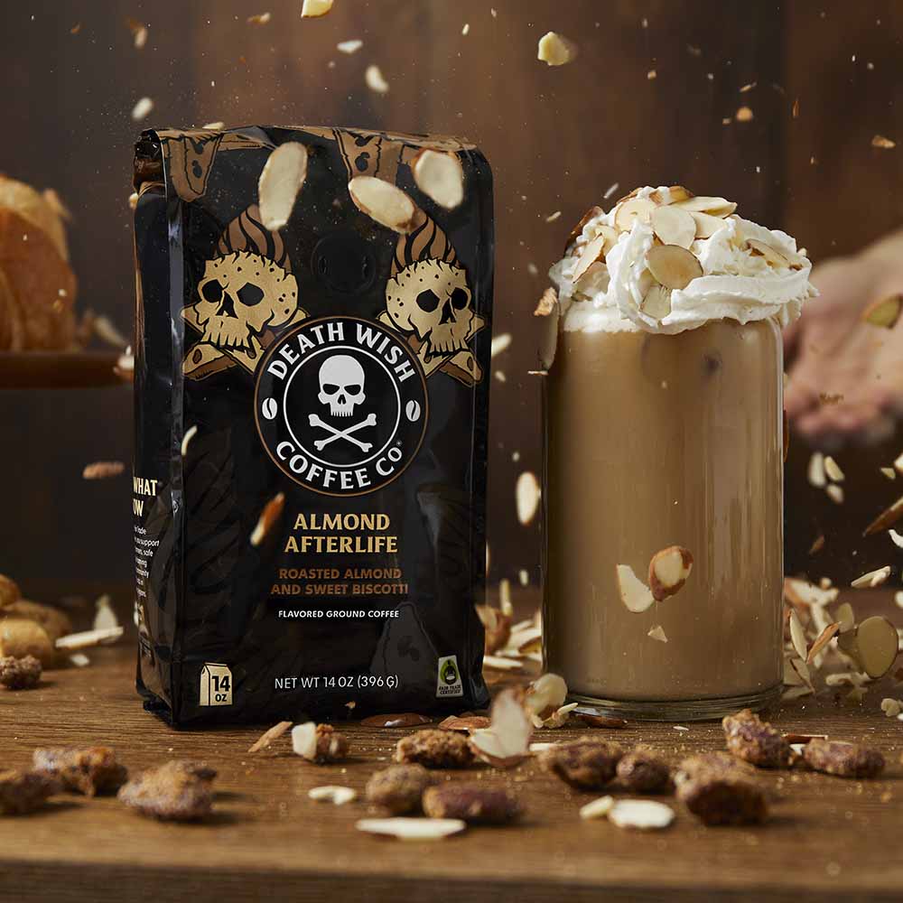 Death Wish Coffee Almond Biscotti Flavored Coffee with falling almonds