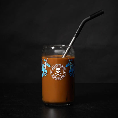 Death Wish Coffee Blue and Buried Soda Can Glass - Front