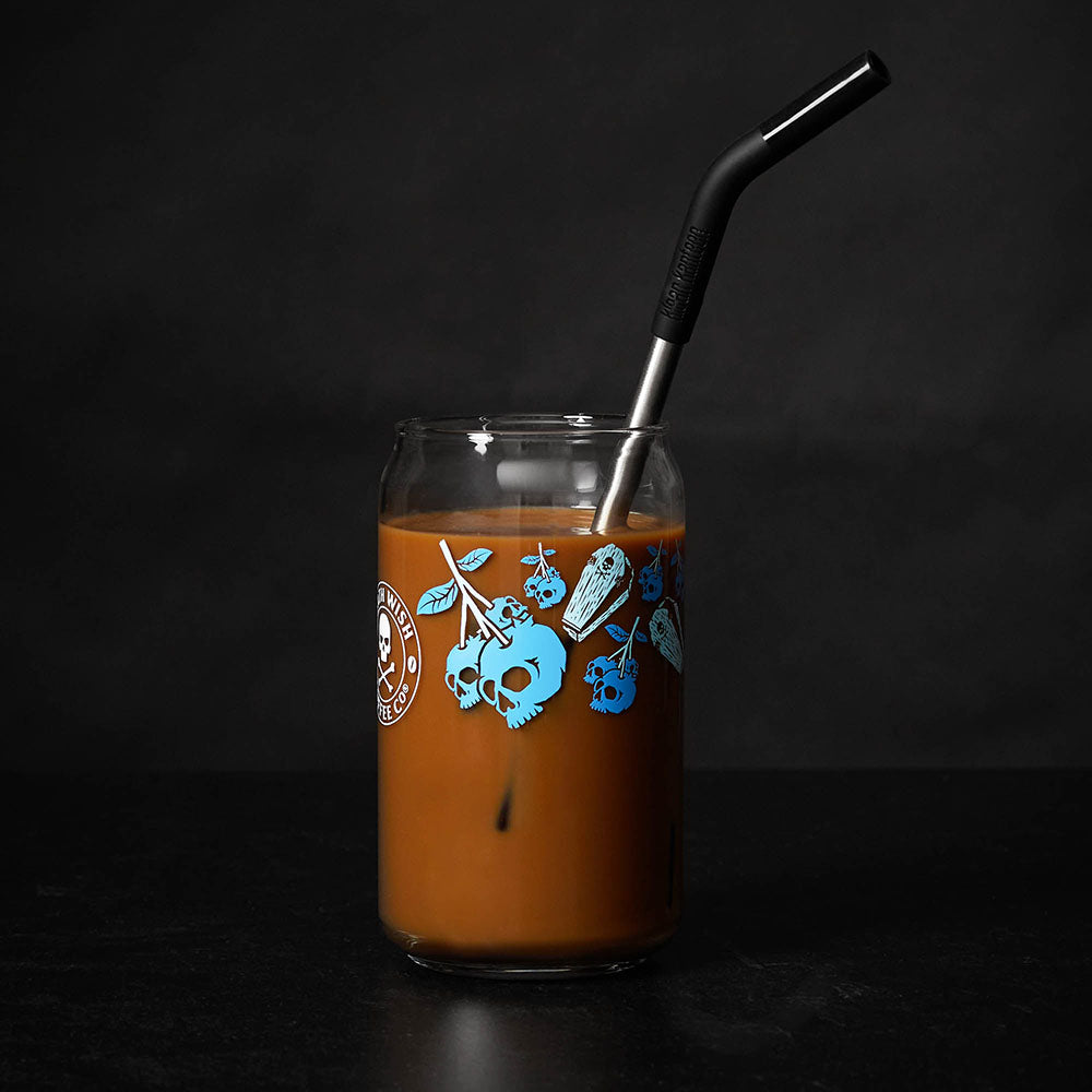 Death Wish Coffee Blue and Buried Soda Can Glass - Back
