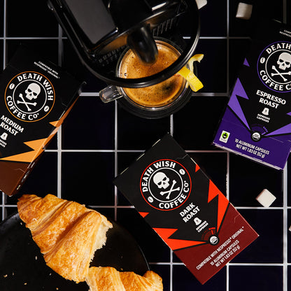 Death Wish Coffee Triple Threat Espresso Capsule Bundle with Espresso Machine