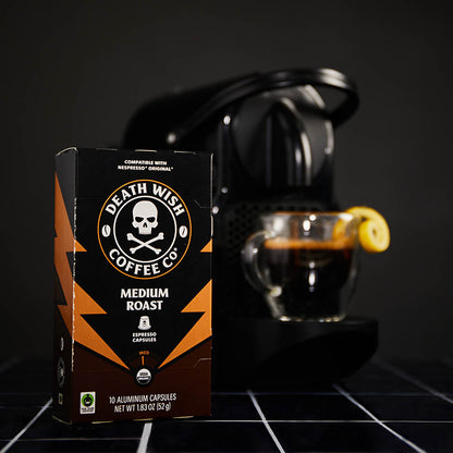 Death Wish Coffee Medium Roast Espresso Capsules with Espresso Machine