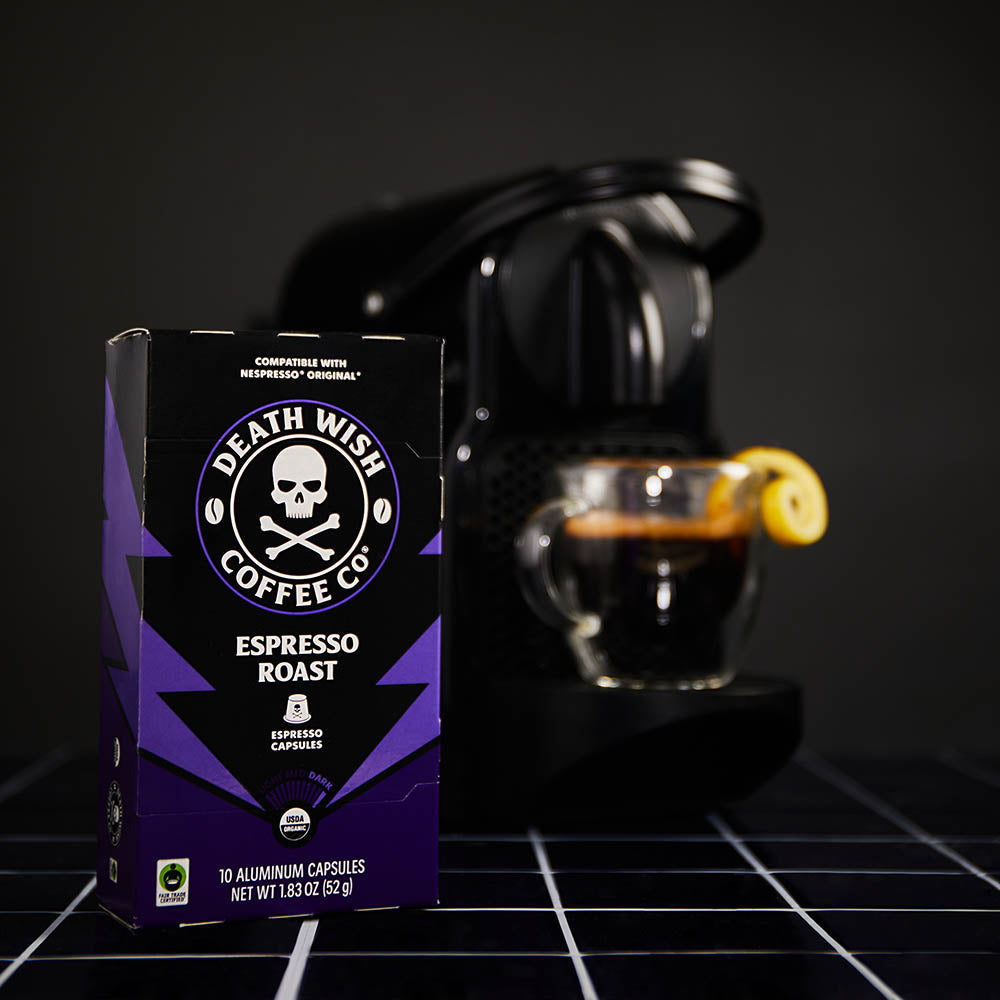 Death Wish Coffee Espresso Roast Espresso Capsules with Espresso Machine