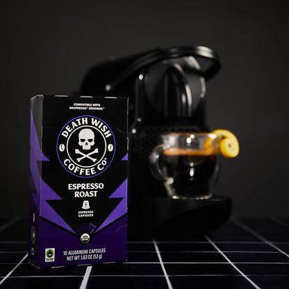 Death Wish Coffee Espresso Roast Espresso Capsules with Espresso Machine