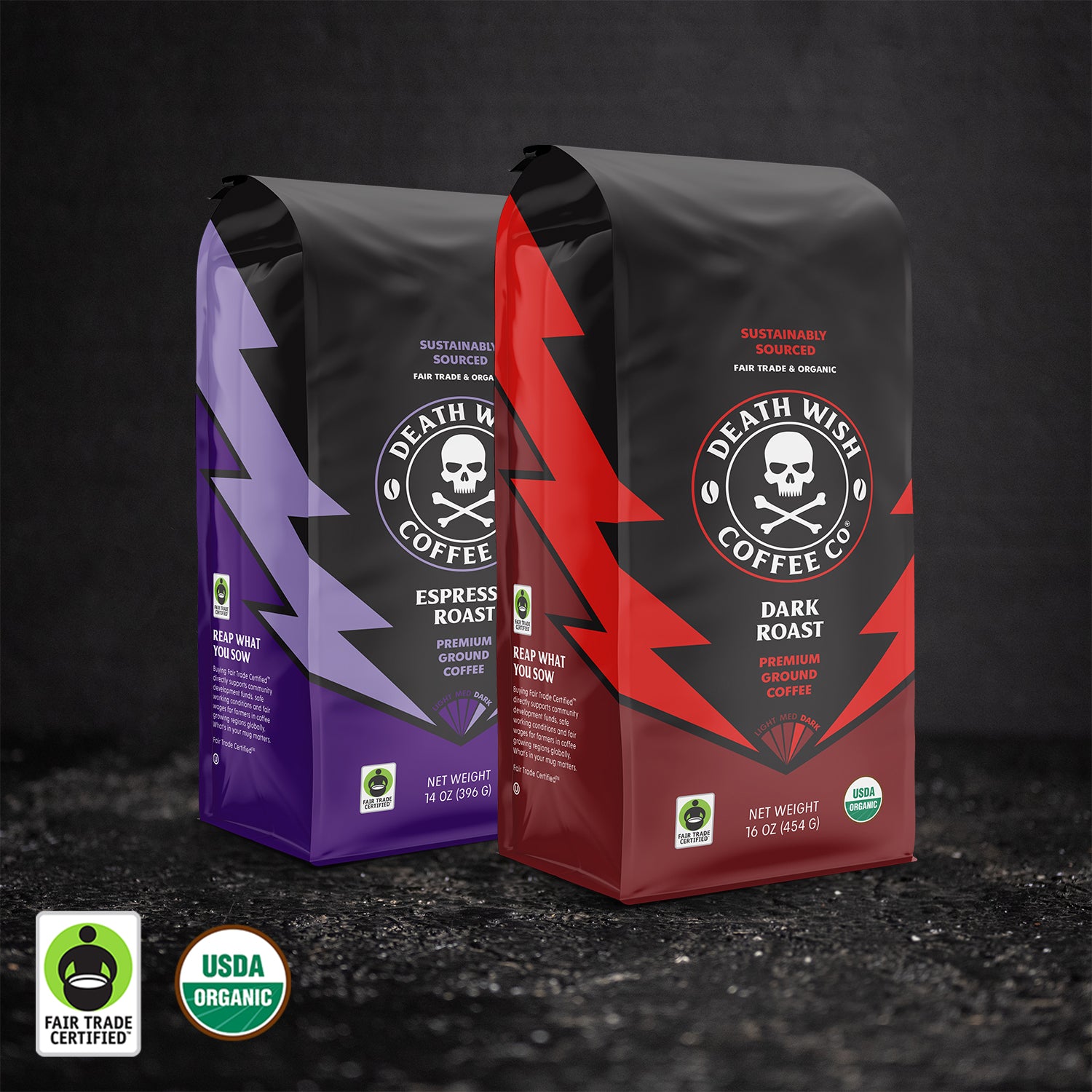 Death Wish Coffee Dark Roast + Espresso Roast Ground Coffee Bundle.