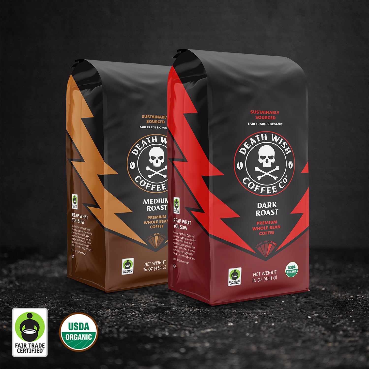 Death Wish Coffee Dark Roast + Medium Roast Ground Whole Bean Bundle - 16oz Bags.