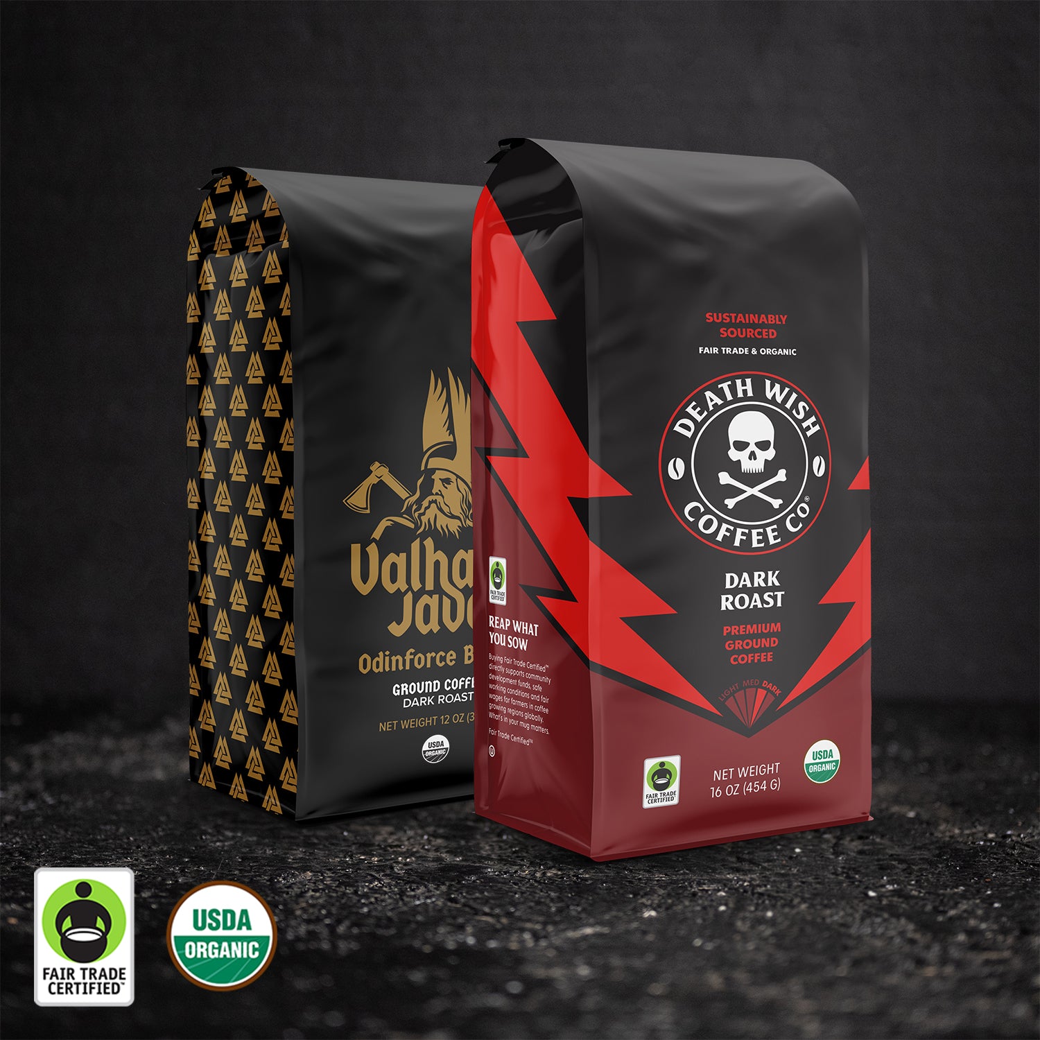 Death Wish Coffee Dark Roast + Valhalla Java Ground Coffee Bundle.