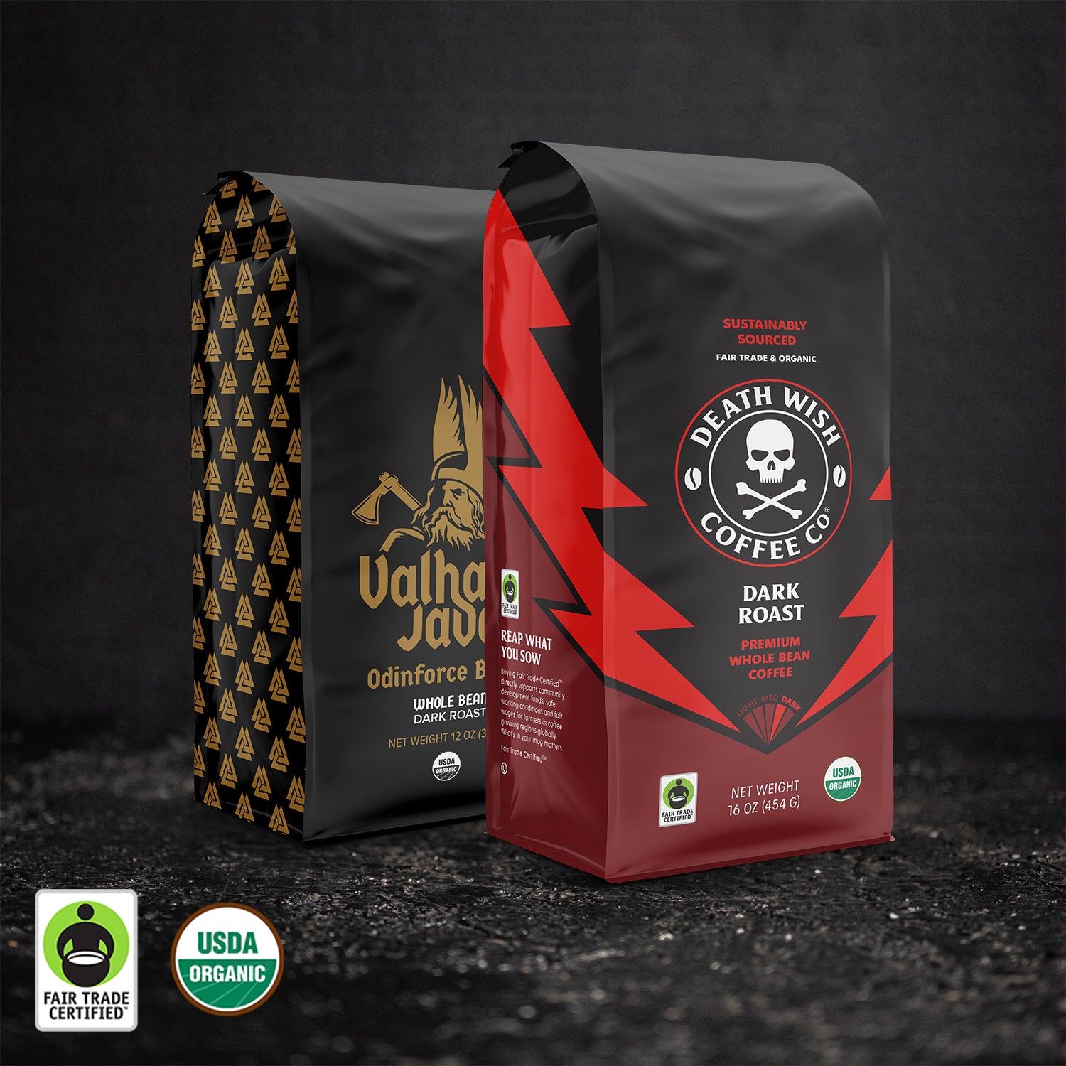 Death Wish Coffee Dark Roast + Valhalla Java Whole Bean Coffee Bundle.