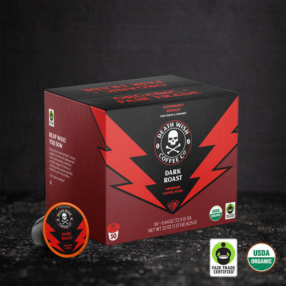 Death Wish Coffee - 50 Count Dark Roast Single-Serve Pods.
