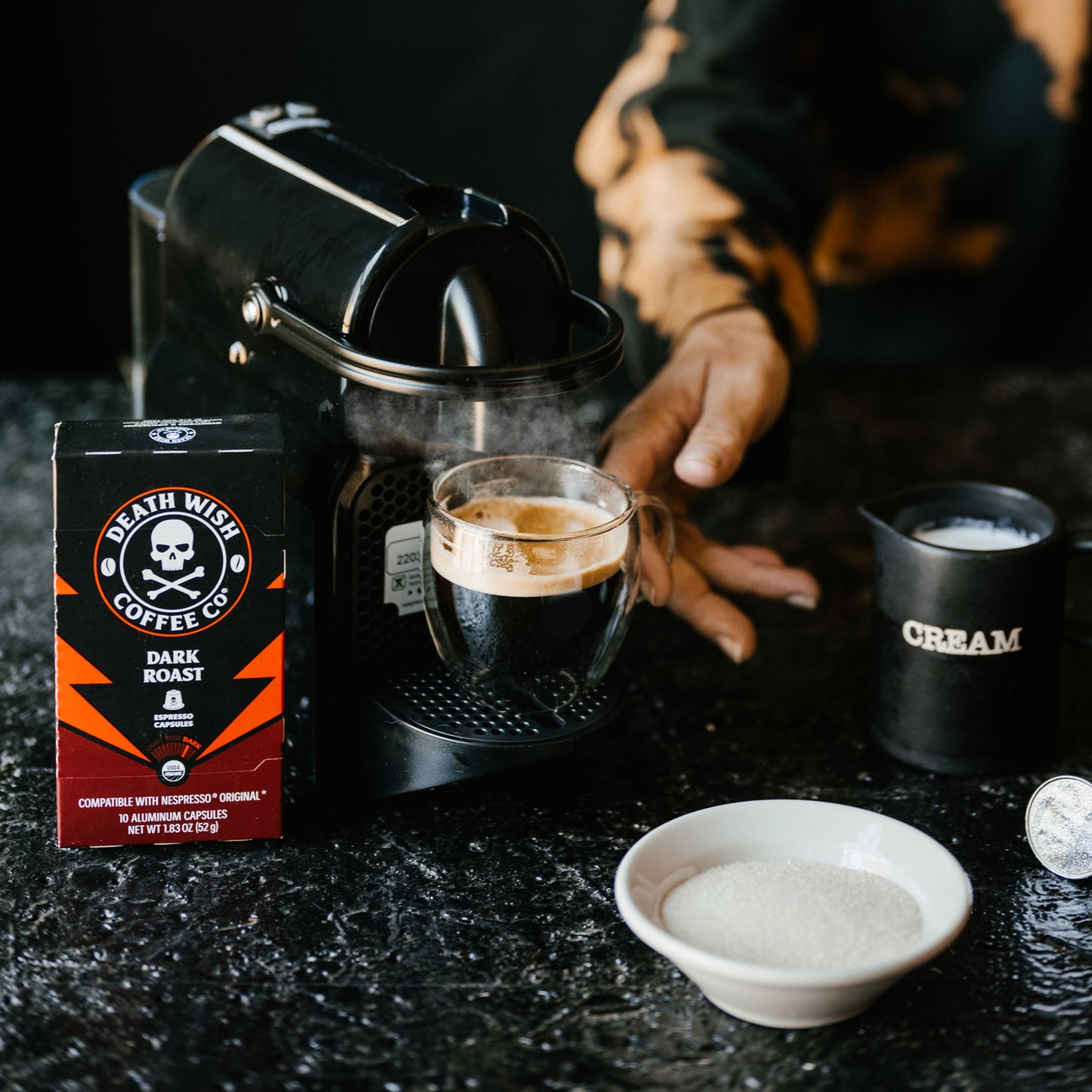 Brewing coffee with Death Wish Coffee Dark Roast Espresso Capsules