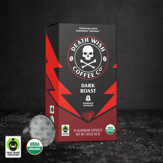 Death Wish Coffee Dark Roast Espresso Capsules - 10 Count Box.