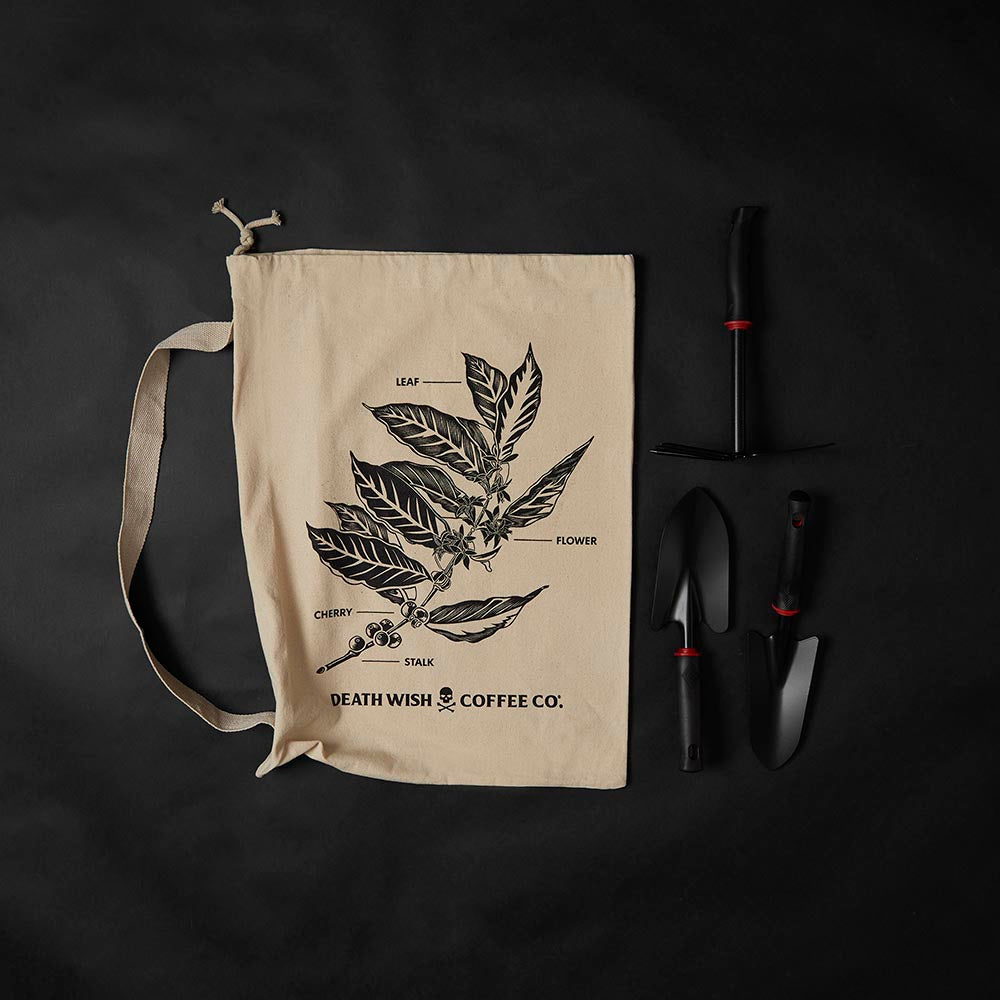 The Death Wish Coffee Brewtanical Gardening Set and Bag.