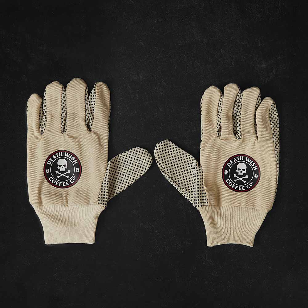 A top down view of the Death Wish Coffee Gettin' Dirty Gardening Gloves.
