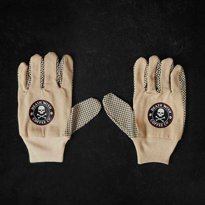 A top down view of the Death Wish Coffee Gettin' Dirty Gardening Gloves.