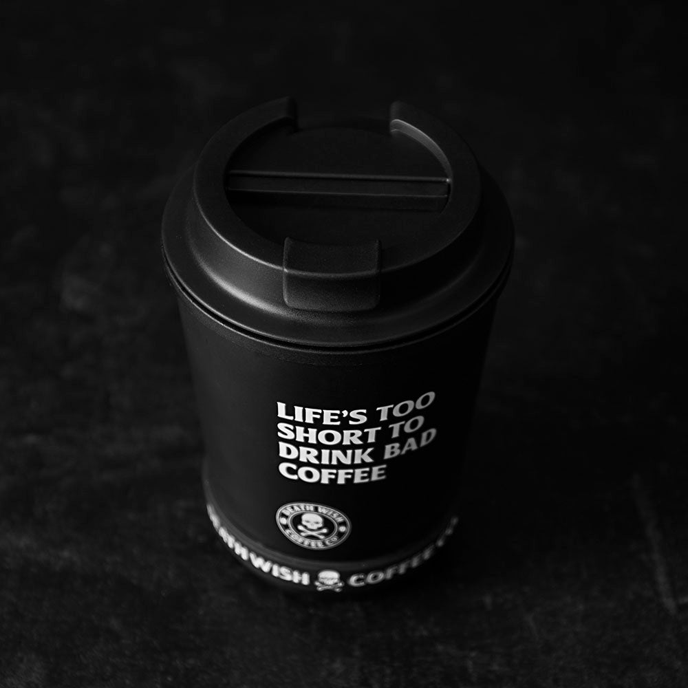 A top down view of the Death Wish Coffee Revved up Recycled Travel Cup.