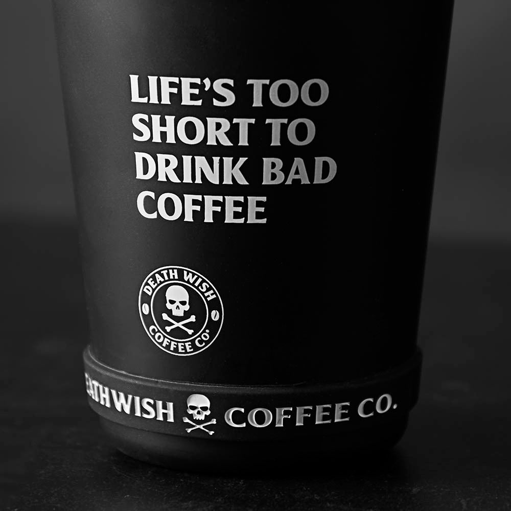 A close up of the Death Wish Coffee Revved up Recycled Travel Cup.
