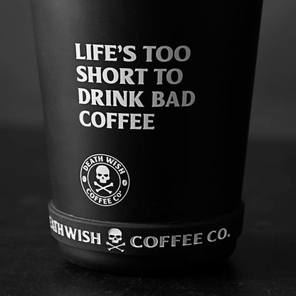 A close up of the Death Wish Coffee Revved up Recycled Travel Cup.