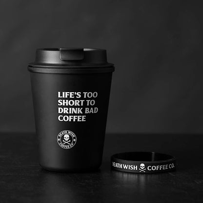 The Death Wish Coffee Revved up Recycled Travel Cup with the Wristband off.