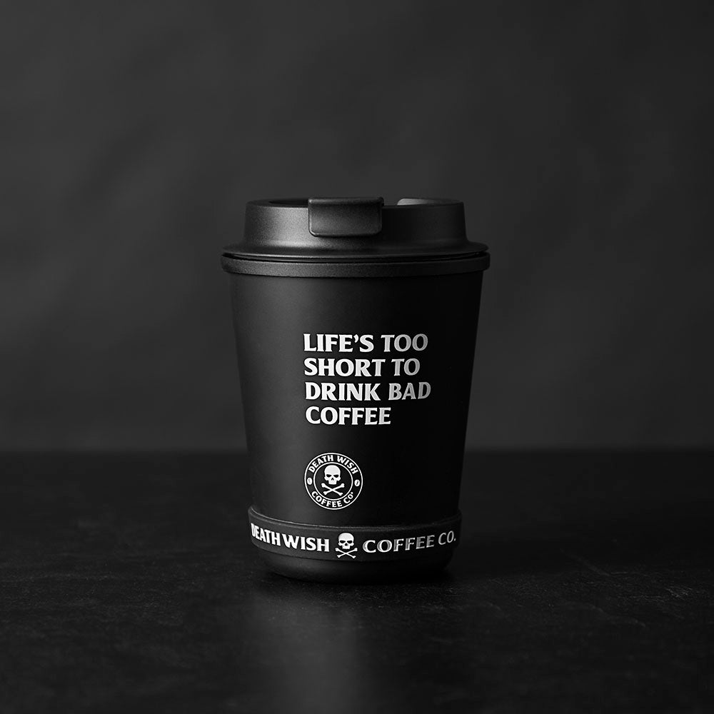 The front of the Death Wish Coffee Revved up Recycled Travel Cup.