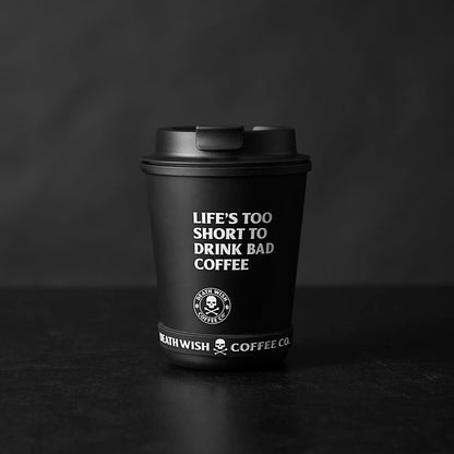 The front of the Death Wish Coffee Revved up Recycled Travel Cup.