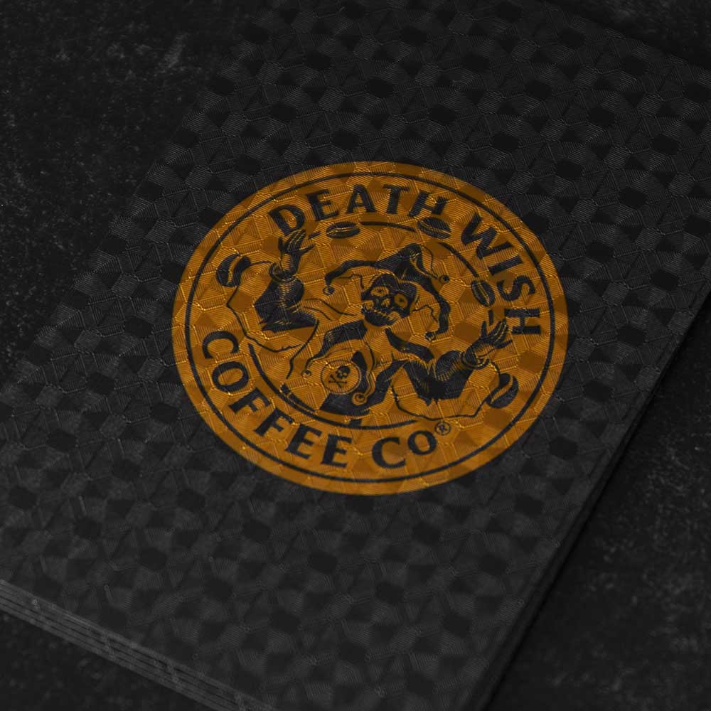 A close up of the back of the Death Wish Coffee Poker Face Playing Cards.