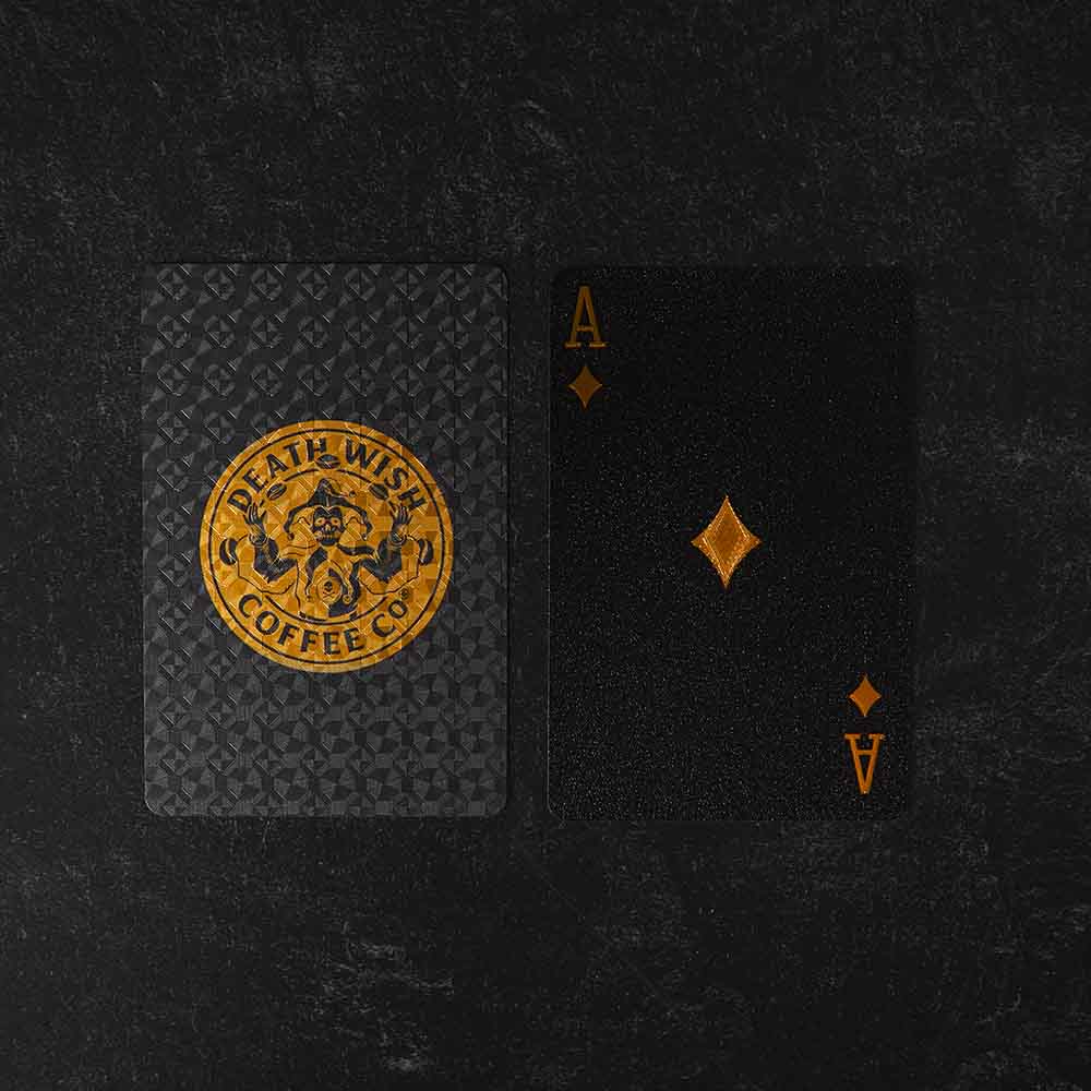 Both sides of the Death Wish Coffee Poker Face Playing Cards.