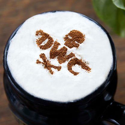 A latte made using the stencil from the Let It Fly Latte Pen & Stencil Set.