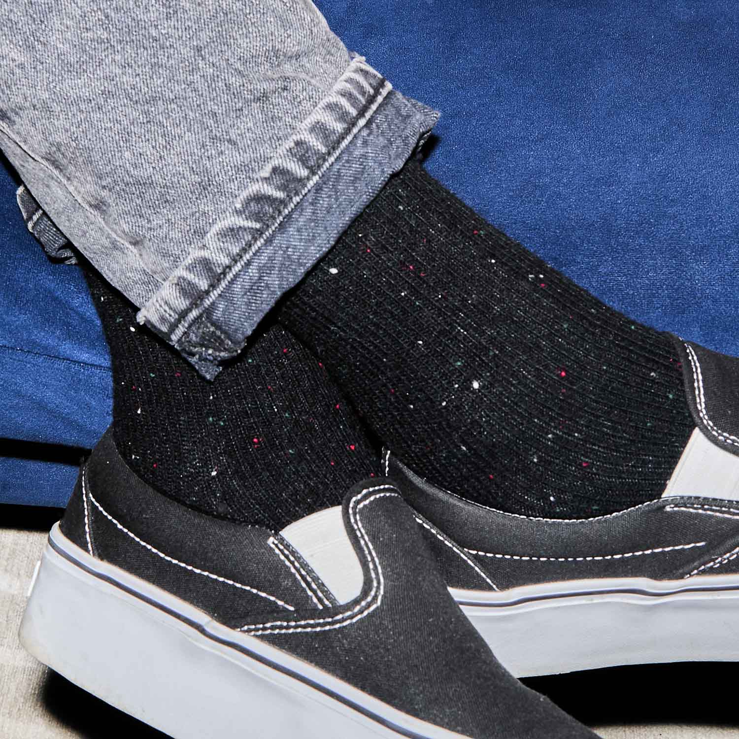 Wearing the socks from the Death Wish Coffee Ready, Set, Relax Bath Bundle.