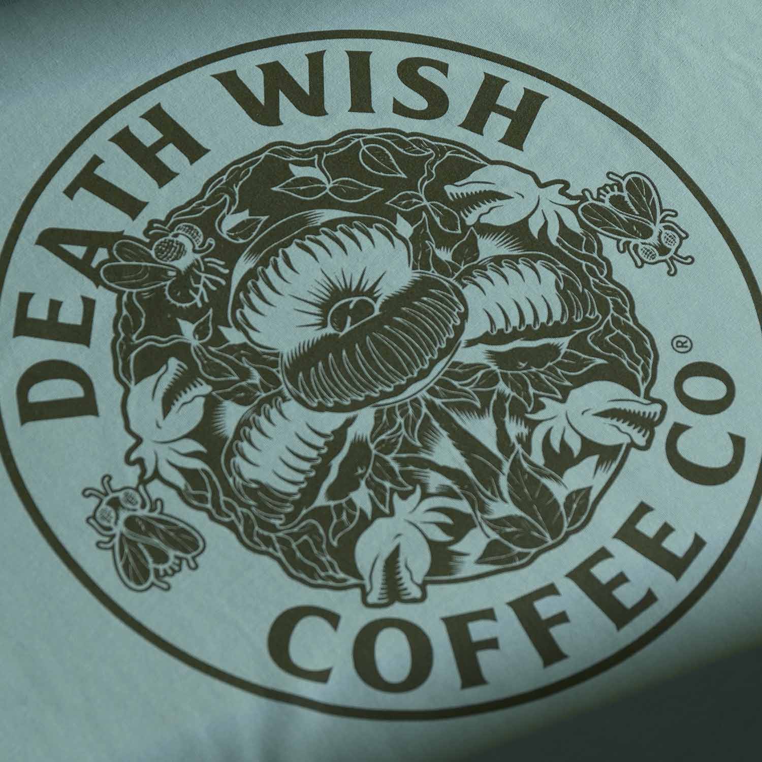 A close up of the front of the Death Wish Coffee Fatal Attraction Tee.