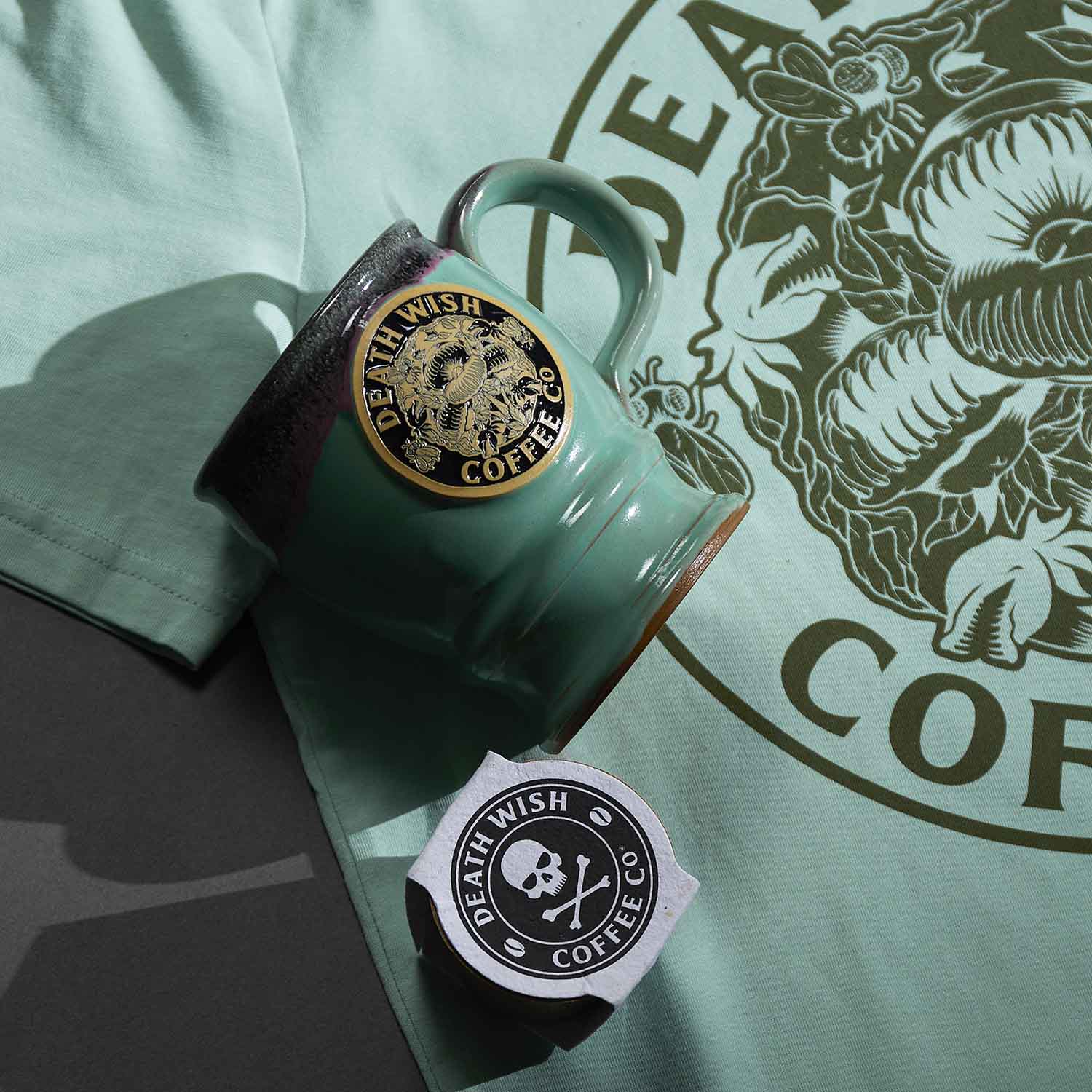The Death Wish Coffee Venus Fly Trap Mug with a matching tee and free mini planter.
