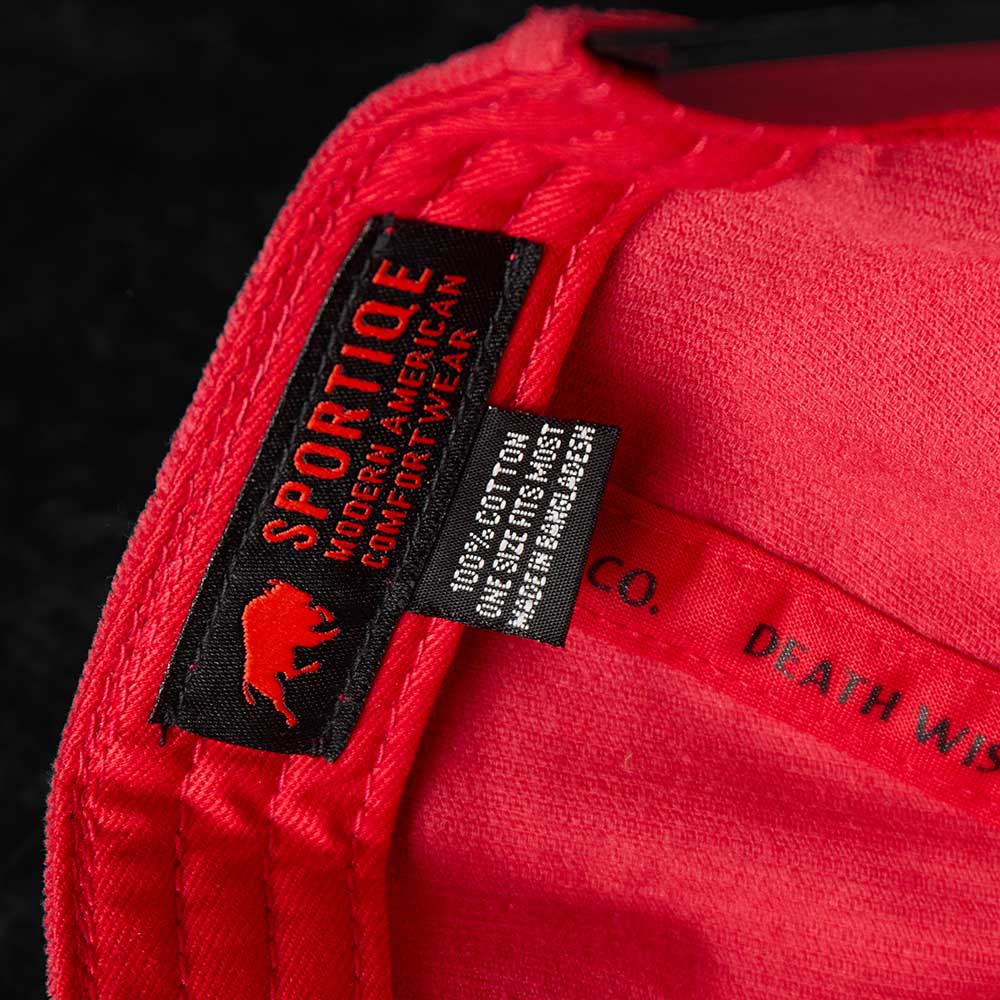 The interior label and sweatband of the Death Wish Coffee Two-Tone Coffee & Cord Snapback.