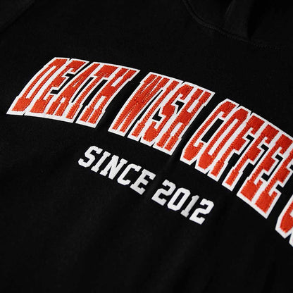 A close up of the Death Wish Coffee Varsity Brews Hoodie.