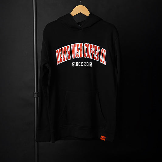 The front of the Death Wish Coffee Varsity Brews Hoodie.