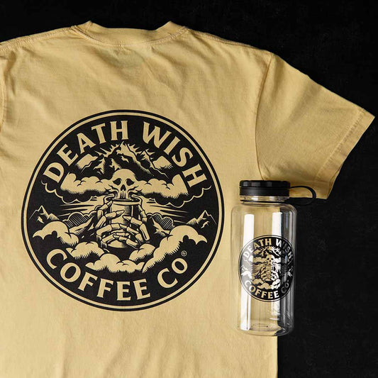The Death Wish Coffee Higher Ground Tee & Water Bottle Bundle.