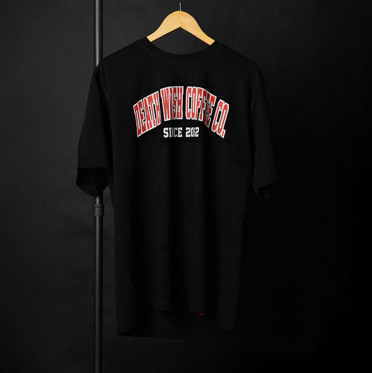 The front of the Death Wish Coffee Varsity Brews Tee.