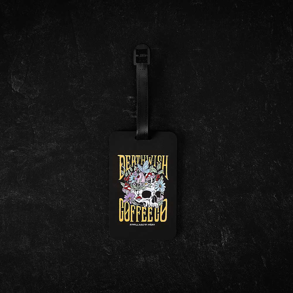The front of the Death Wish Coffee On My Way Luggage Tag.
