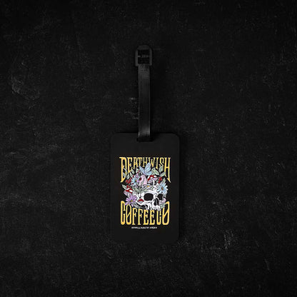The front of the Death Wish Coffee On My Way Luggage Tag.