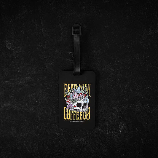 The front of the Death Wish Coffee On My Way Luggage Tag.