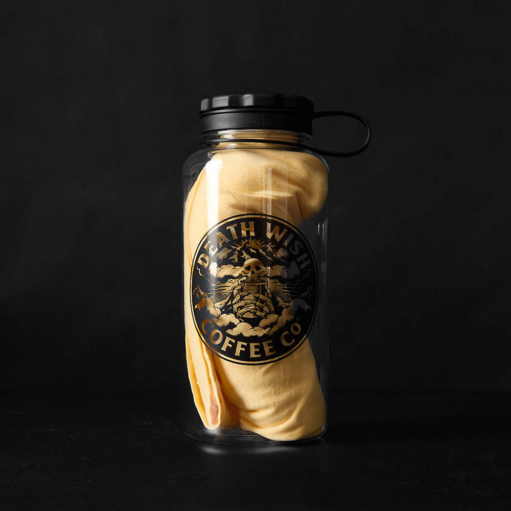 The Death Wish Coffee Higher Ground Tee inside the matching water bottle.